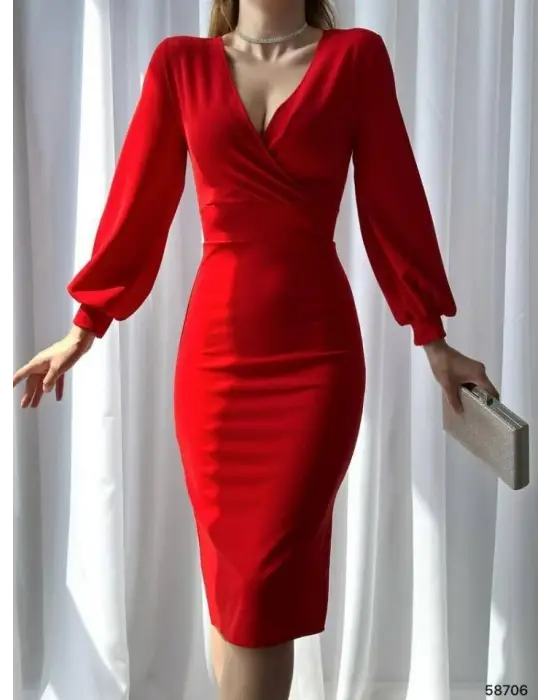 Kadın Kruvaze Yaka Balon Kol Midi Boy Elbise