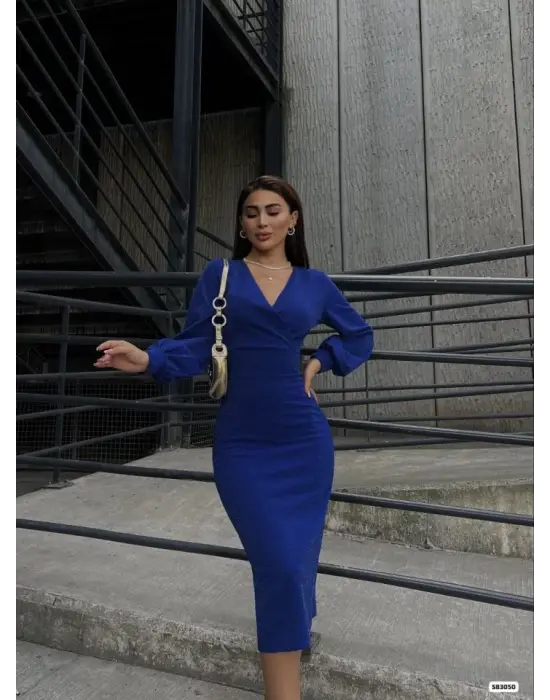 Kadın Kruvaze Yaka Balon Kol Simli Krep Kumaş Midi Boy Elbise