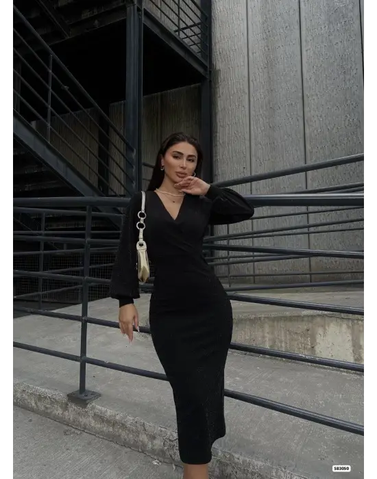 Kadın Kruvaze Yaka Balon Kol Simli Krep Kumaş Midi Boy Elbise