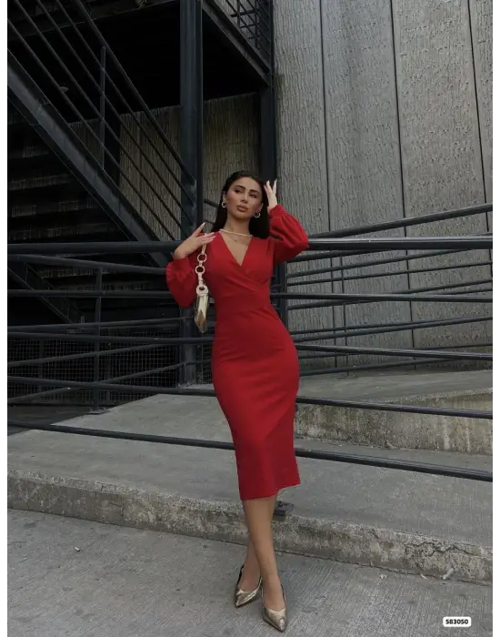 Kadın Kruvaze Yaka Balon Kol Simli Krep Kumaş Midi Boy Elbise