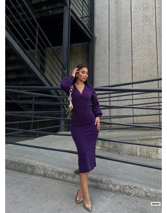 Kadın Kruvaze Yaka Balon Kol Simli Krep Kumaş Midi Boy Elbise