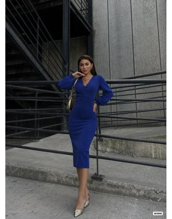 Kadın Kruvaze Yaka Balon Kol Simli Krep Kumaş Midi Boy Elbise