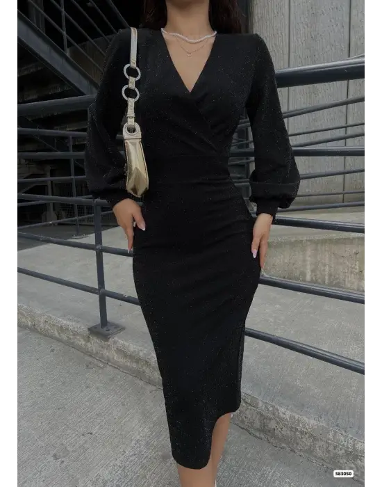 Kadın Kruvaze Yaka Balon Kol Simli Krep Kumaş Midi Boy Elbise