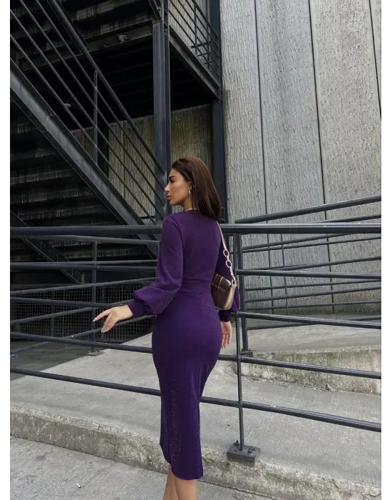 Kadın Kruvaze Yaka Balon Kol Simli Krep Kumaş Midi Boy Elbise