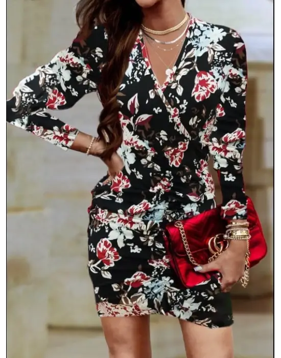 Omarı Kruvaze Yaka Kısa Elbise Modelleri