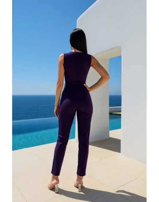 Omarı Güpür Detaylı Kadın Kruvaze Yaka Tulum