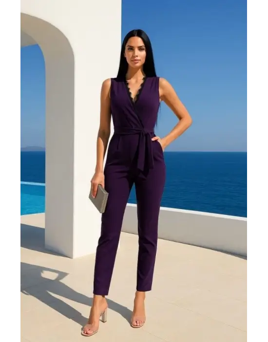 Omarı Güpür Detaylı Kadın Kruvaze Yaka Tulum