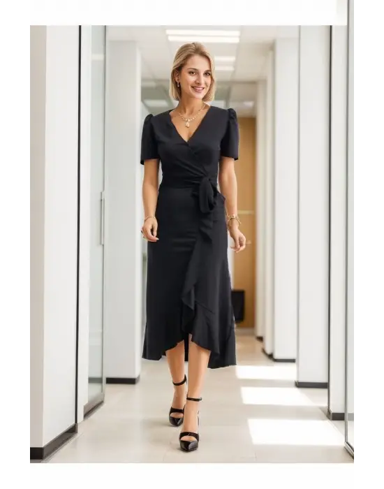 Omarı Şık Kadın Kruvaze Yaka Elbise Cm Uzunluğunda