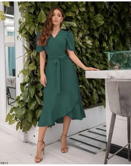 Kadın Kruvaze Yaka Midi Boy Kuşaklı Krep Elbise 120 Cm