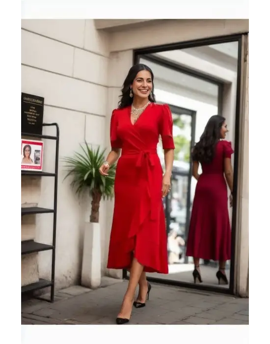 Kadın Kruvaze Yaka Midi Boy Kuşaklı Krep Elbise 120 Cm