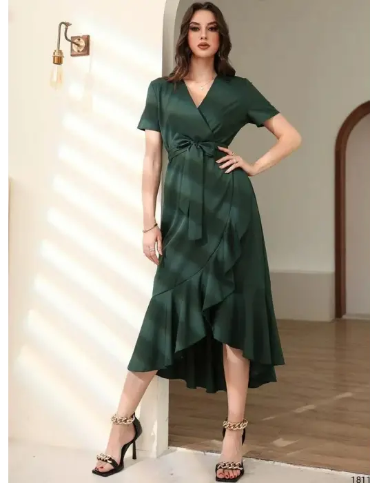 Kadın Kruvaze Yaka Midi Boy Kuşaklı Krep Elbise 120 Cm