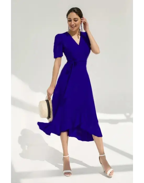 Kadın Kruvaze Yaka Midi Boy Kuşaklı Krep Elbise 120 Cm