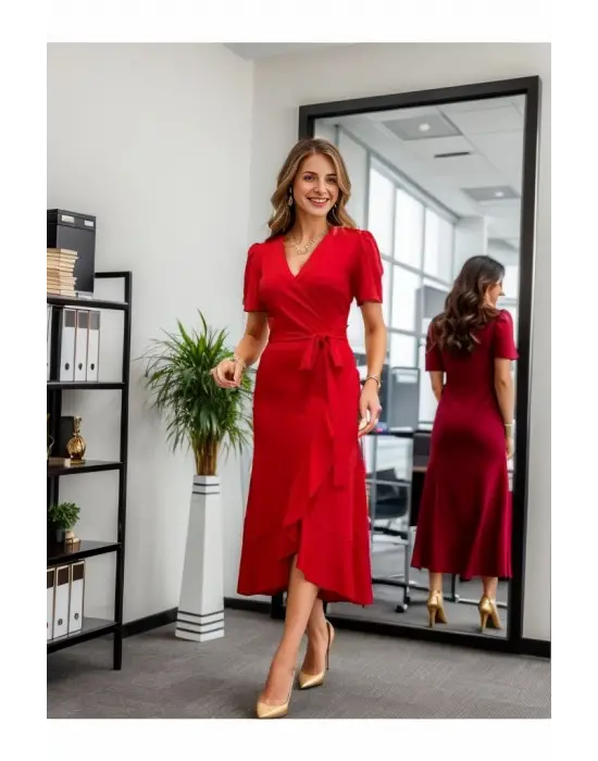 Kadın Kruvaze Yaka Midi Boy Kuşaklı Krep Elbise 120 Cm