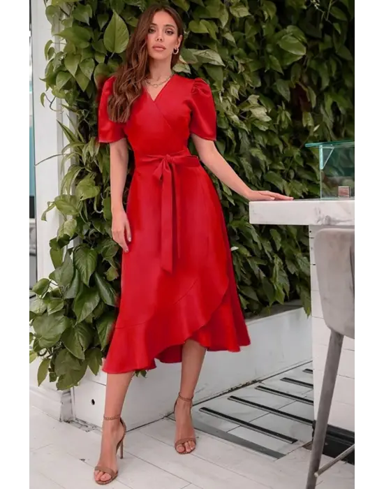 Kadın Kruvaze Yaka Midi Boy Kuşaklı Krep Elbise 120 Cm