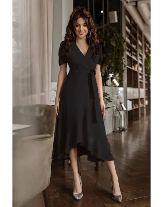 Kadın Kruvaze Yaka Midi Boy Kuşaklı Krep Elbise 120 Cm