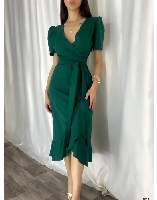 Kadın Kruvaze Yaka Midi Boy Kuşaklı Krep Elbise 120 Cm