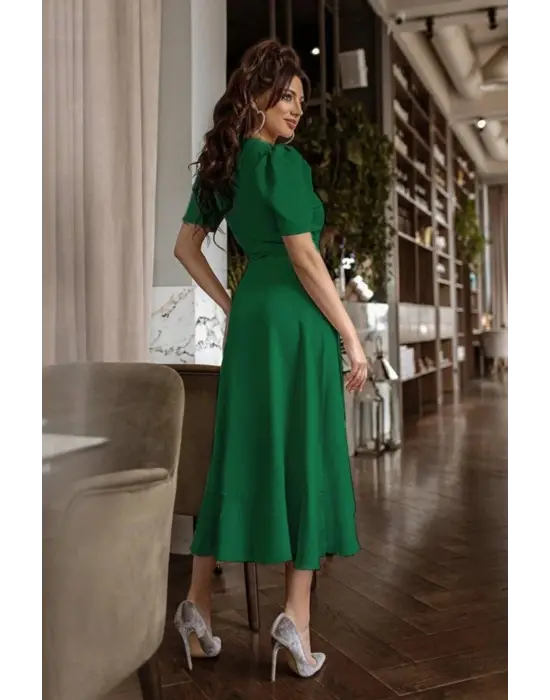 Kadın Kruvaze Yaka Midi Boy Kuşaklı Krep Elbise 120 Cm