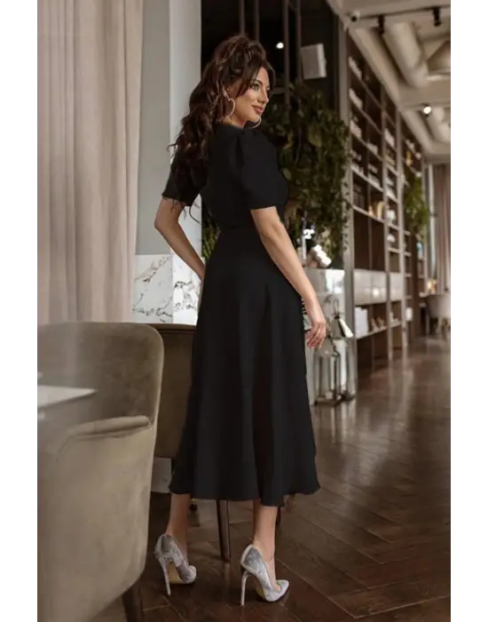 Kadın Kruvaze Yaka Midi Boy Kuşaklı Krep Elbise 120 Cm