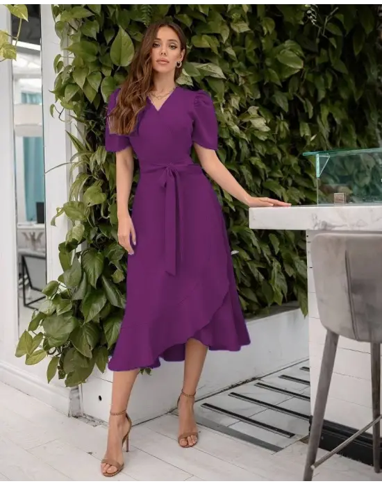 Kadın Kruvaze Yaka Midi Boy Kuşaklı Krep Elbise 120 Cm