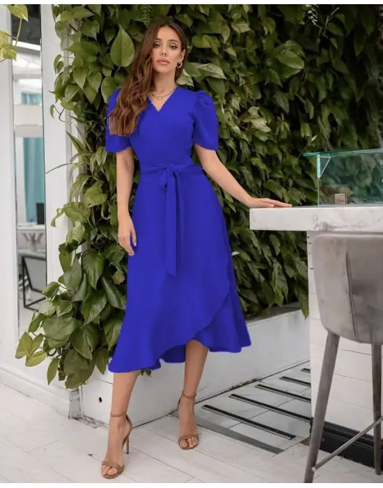 Kadın Kruvaze Yaka Midi Boy Kuşaklı Krep Elbise 120 Cm