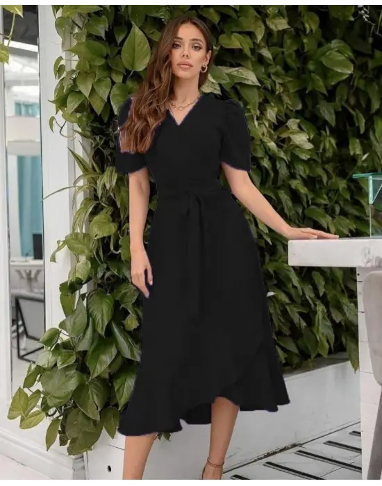 Kadın Kruvaze Yaka Midi Boy Kuşaklı Krep Elbise 120 Cm