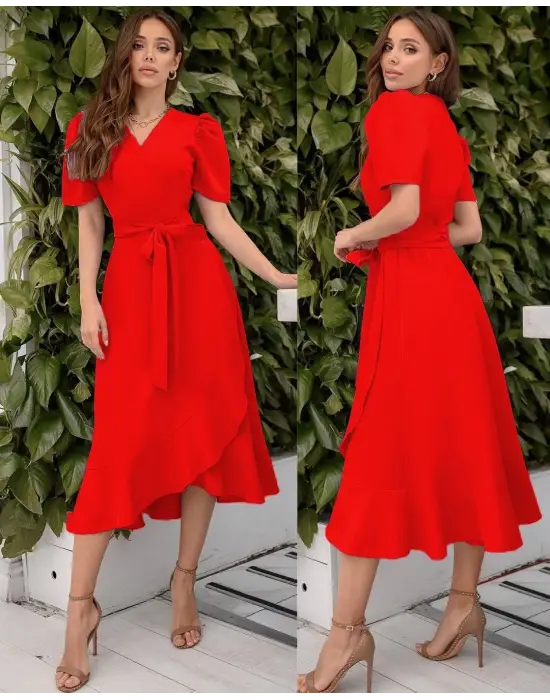 Omarı Zarif Kadın Kruvaze Yaka Elbise