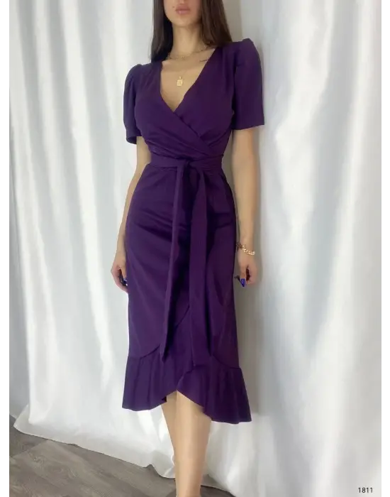 Omarı Zarif Kadın Midi Boy Kruvaze Yaka Elbise