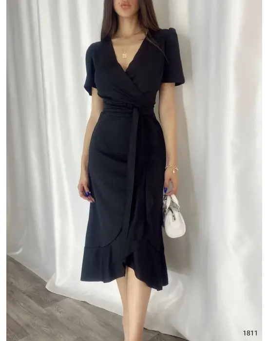 Kadın Kruvaze Yaka Midi Boy Kuşaklı Krep Elbise 120 Cm