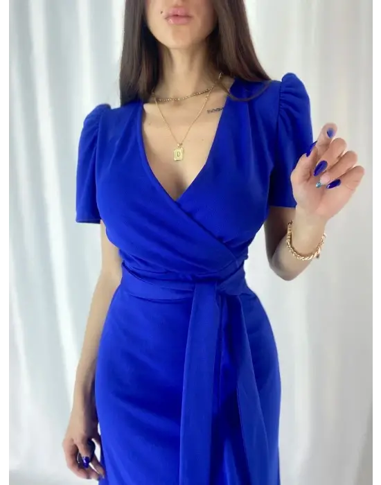 Kadın Kruvaze Yaka Midi Boy Kuşaklı Krep Elbise 120 Cm