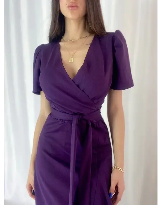 Omarı Zarif Kadın Midi Boy Kruvaze Yaka Elbise