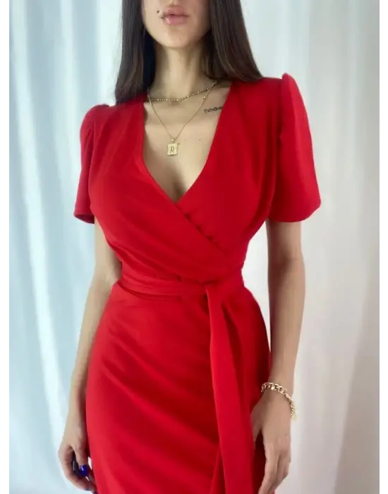 Kadın Kruvaze Yaka Midi Boy Kuşaklı Krep Elbise 120 Cm