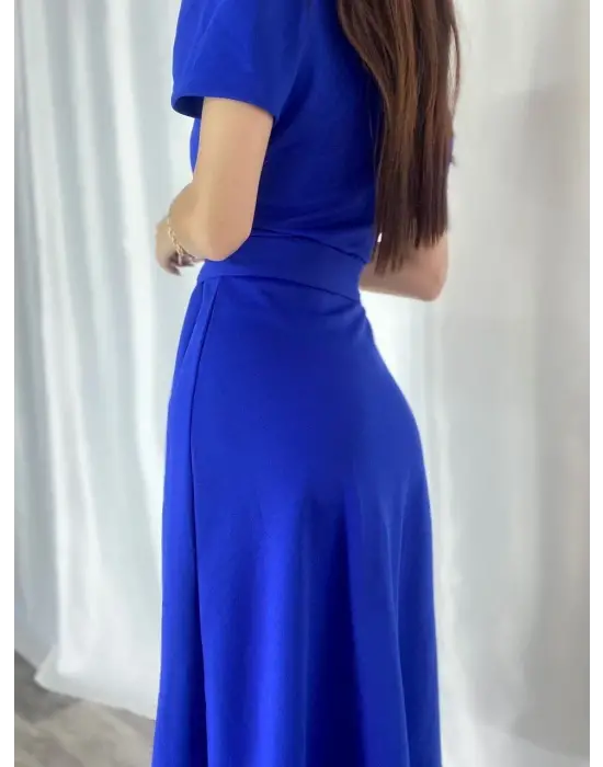 Kadın Kruvaze Yaka Midi Boy Kuşaklı Krep Elbise 120 Cm