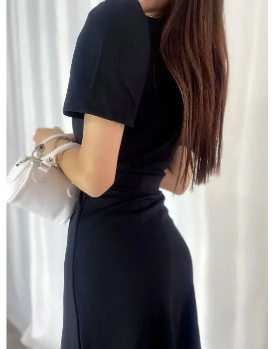 Kadın Kruvaze Yaka Midi Boy Kuşaklı Krep Elbise 120 Cm