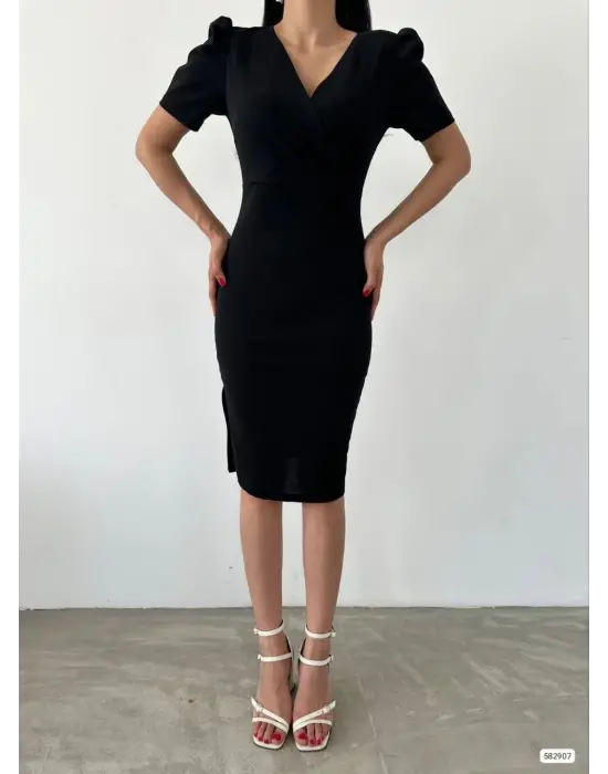 Kadın Kruvaze Yaka Yandan Yırtmaç Detaylı Scuba Krep Kumaş Midi Boy Elbise