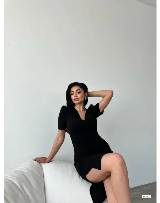 Kadın Kruvaze Yaka Yandan Yırtmaç Detaylı Scuba Krep Kumaş Midi Boy Elbise