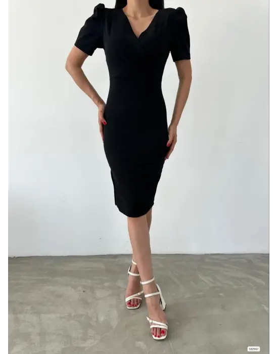 Kadın Kruvaze Yaka Yandan Yırtmaç Detaylı Scuba Krep Kumaş Midi Boy Elbise