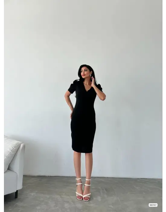 Kadın Kruvaze Yaka Yandan Yırtmaç Detaylı Scuba Krep Kumaş Midi Boy Elbise