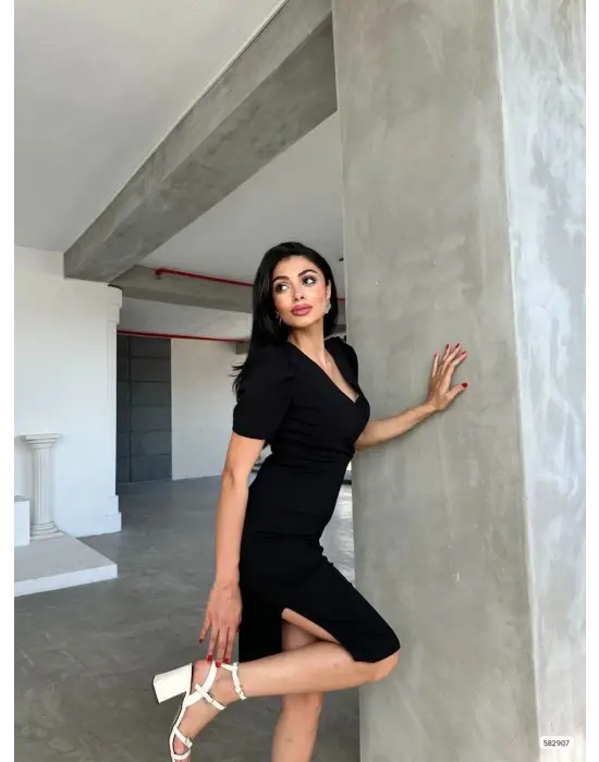 Kadın Kruvaze Yaka Yandan Yırtmaç Detaylı Scuba Krep Kumaş Midi Boy Elbise