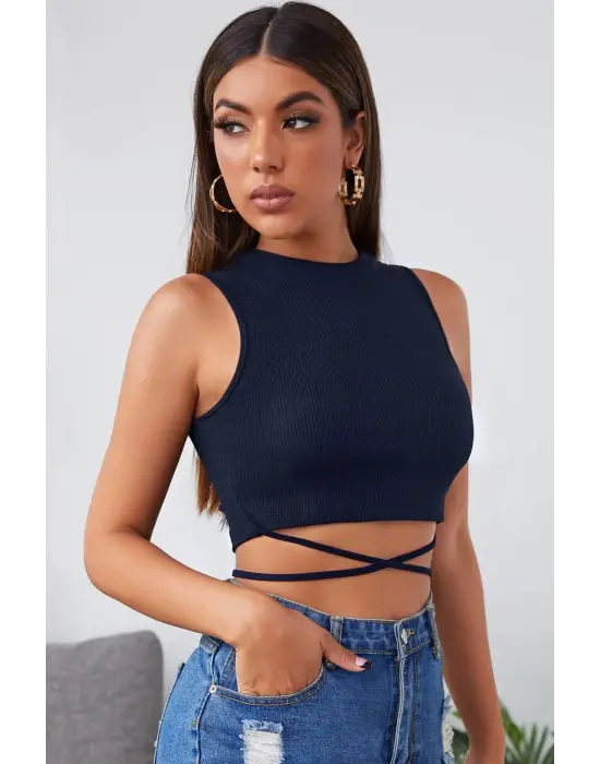 Omarı Lacivert Çapraz Bağlamalı Crop Top Büstiyer