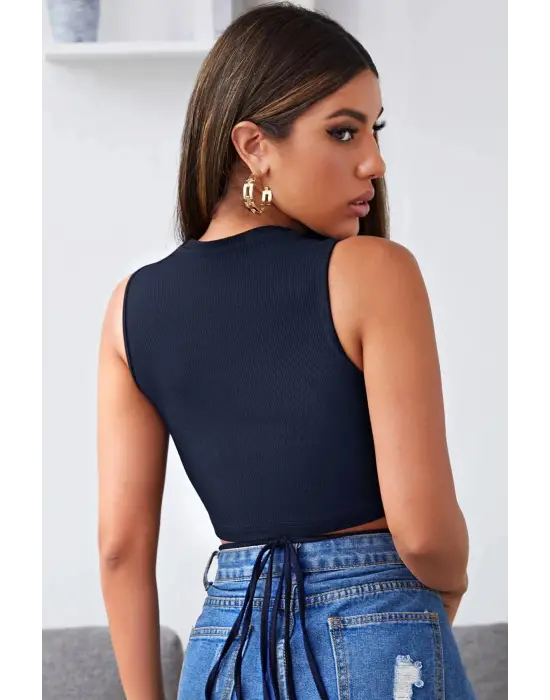Omarı Lacivert Çapraz Bağlamalı Crop Top Büstiyer