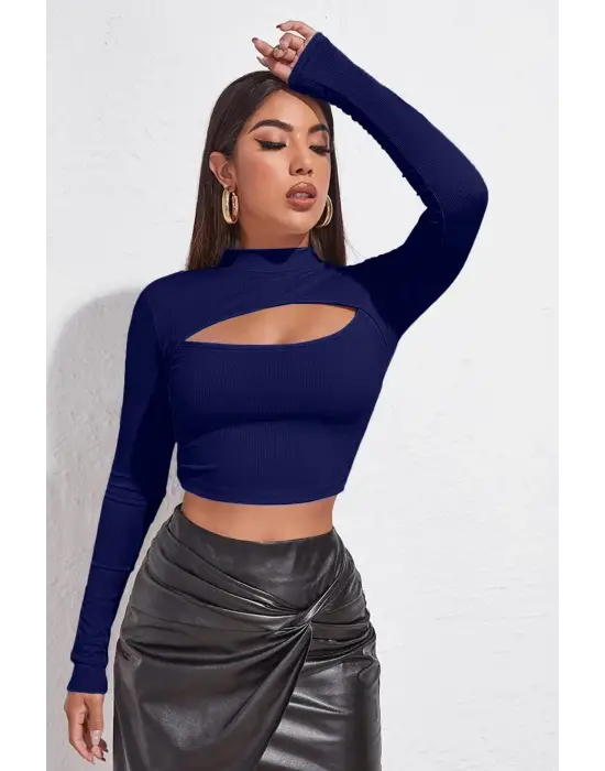 Omarı Şık Lacivert Dekolteli Uzun Kollu Crop Top Bluz