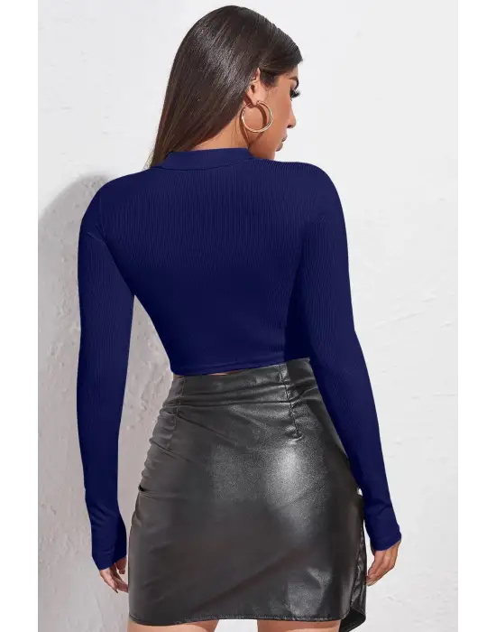 Omarı Şık Lacivert Dekolteli Uzun Kollu Crop Top Bluz