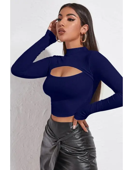 Omarı Şık Lacivert Dekolteli Uzun Kollu Crop Top Bluz