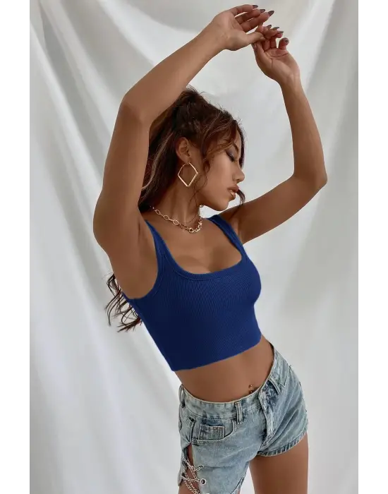 Omarı Kalın Askılı Lacivert Crop Top Büstiyer