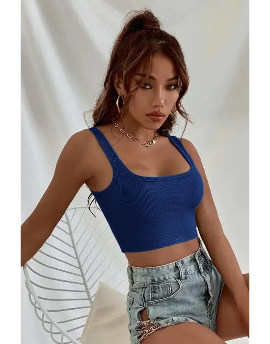 Omarı Kalın Askılı Lacivert Crop Top Büstiyer