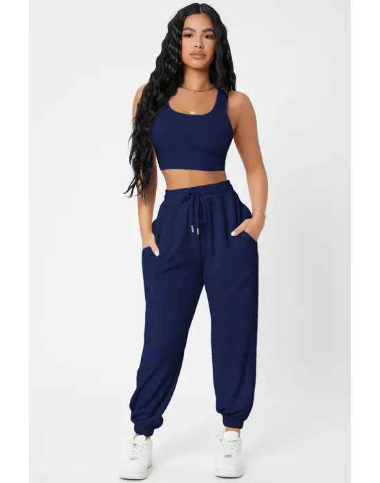 Omarı Şık Lacivert Kadın Jogger Eşofman Altı ve Bluz Seti