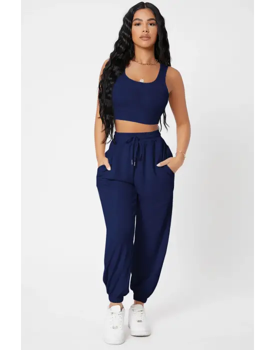 Omarı Şık Lacivert Kadın Jogger Eşofman Altı ve Bluz Seti