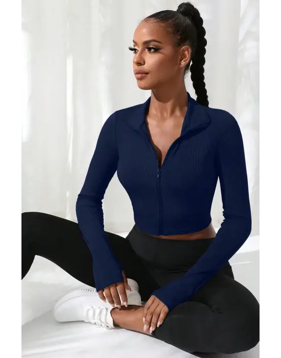 Omarı Lacivert Dik Yaka Crop Top Bluz