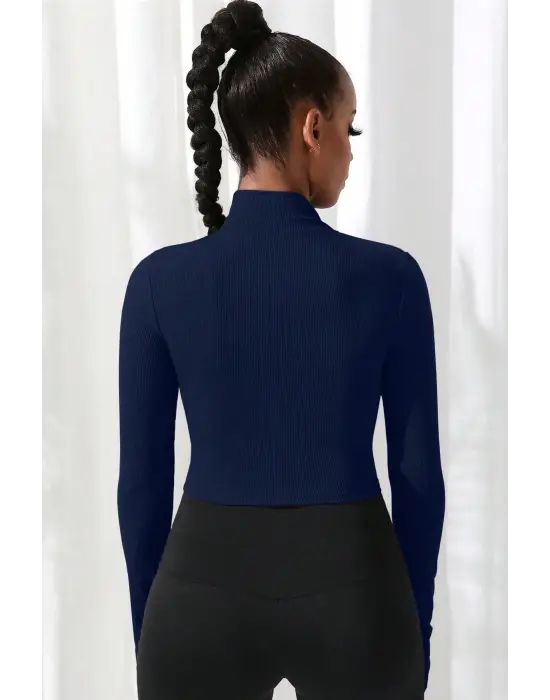 Omarı Lacivert Dik Yaka Crop Top Bluz