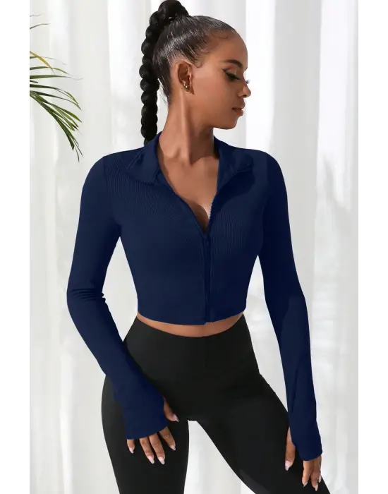 Omarı Lacivert Dik Yaka Crop Top Bluz